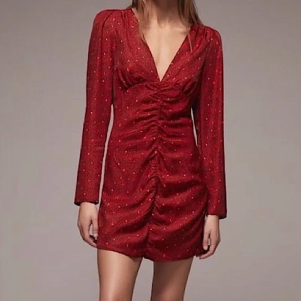 Valentine's Day Red Black Print Side Ruched V-neck Long Sleeve Mini Dress Zara